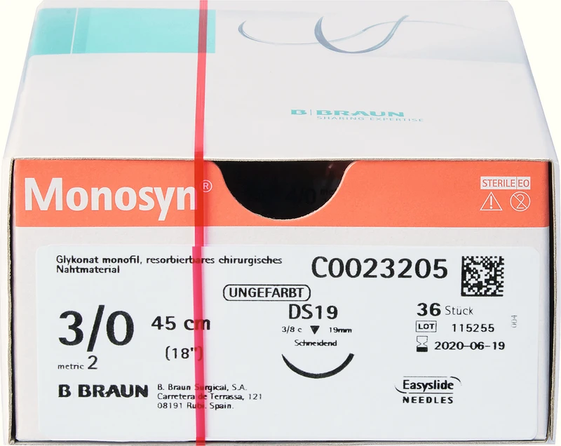 Packung 36 Stück ungefärbt, 45 cm, DS19, 3/8 Kreis, schneidend, 19 mm, USP 3/0