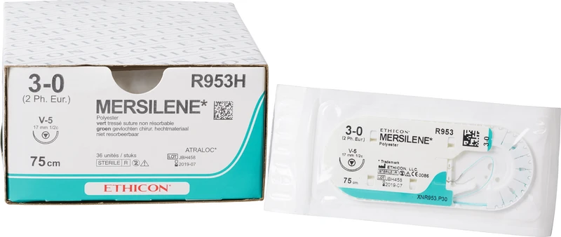 50035 - MERSILENE - Packung 36 Stück grün, 75 cm, V5, 1/2 Kreis, Rundkörper, schneidend, 17 mm, USP 3/0