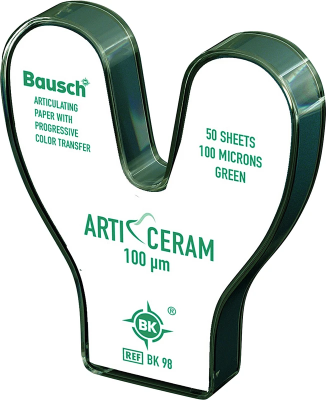 Packung 1 Hufeisen-Spender, 50 Artikulationspapiere grün, 100µm, 52 x 20 mm Packung 1 Hufeisen-Spender, 50 Artikulationspapiere grün, 100µm, 52 x 20 mm