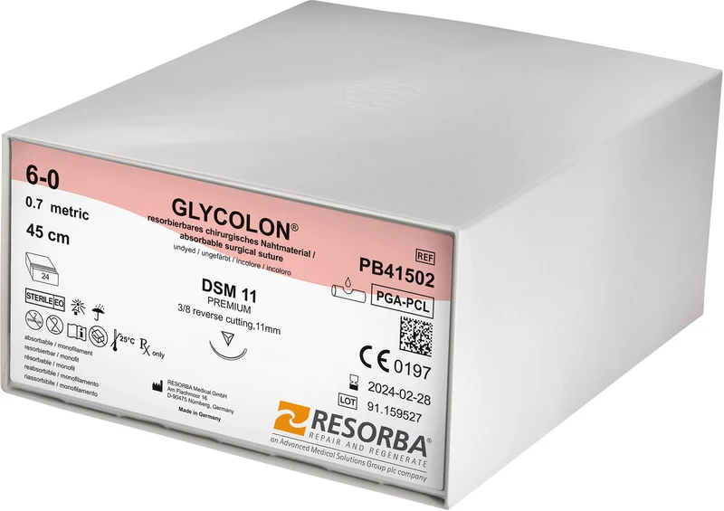 Packung 24 Stück ungefärbt, 45 cm, DSM11, 3/8 Kreis, außen schneidend, Premium-Schliff, 11 mm, USP 6/0