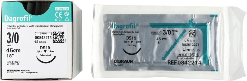 Packung 12 Stück grün, 45 cm, DS19, 3/8 Kreis, schneidend, 19 mm, USP 3/0
