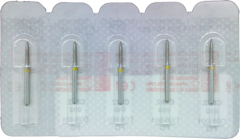 Packung 5 Stück gelb superfein, FG, Figur 249 Flamme, 8 mm, ISO 010 Packung 5 Stück gelb superfein, FG, Figur 249 Flamme, 8 mm, ISO 010