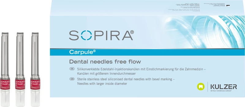 105360 - SOPIRA® Carpule® Free Flow Kanülen - Packung 100 Stück 27G, 38 mm, langer Anschliff, dunkelrot, Typ Injektion Nervenblockade