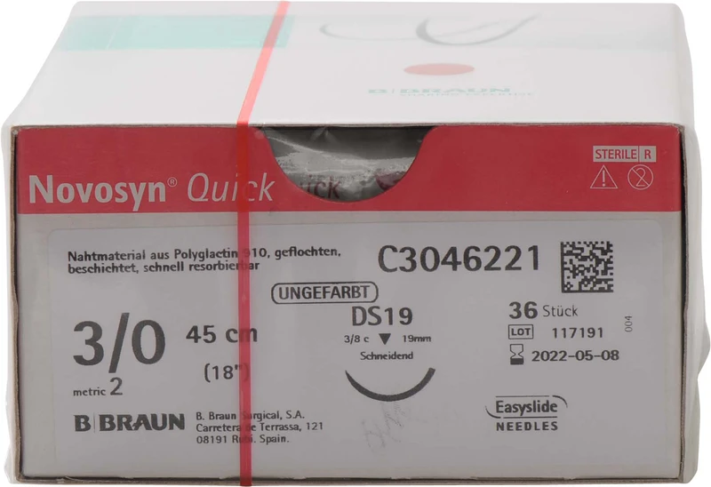 Packung 36 Stück ungefärbt, 45 cm, DS19, 3/8 Kreis, schneidend, 19 mm, USP 3/0