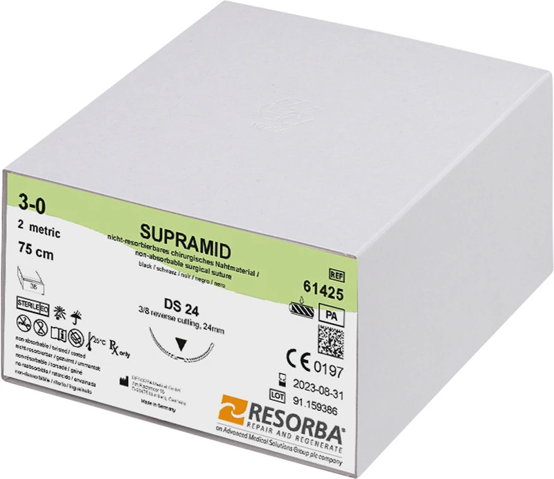 219434 - RESORBA® Supramid - Packung 36 Stück schwarz, 75 cm, DS24, 3/8 Kreis, außen schneidend, 24 mm, USP 3/0