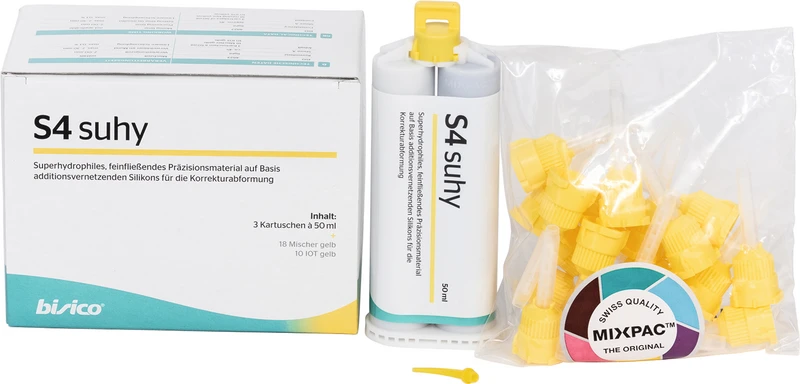 Packung 3 x 50 ml Doppelkartusche, 18 Mischkanülen gelb, 10 Intraoraltips gelb