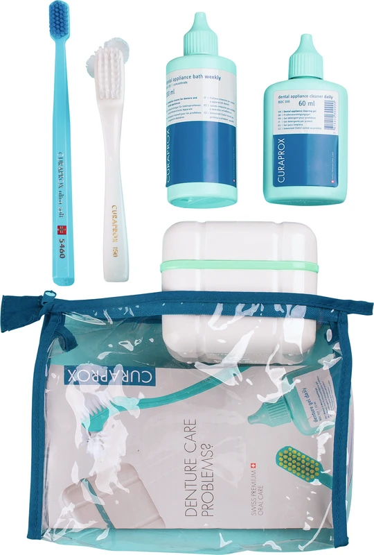 Set 2 Reiniger (daily, weekly), Box, Prothesenbürste, Zahnbürste, Tasche, Anleitung Set 2 Reiniger (daily, weekly), Box, Prothesenbürste, Zahnbürste, Tasche, Anleitung