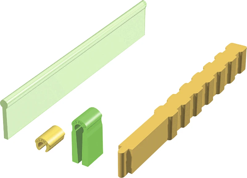 Set 1 Steg, 2 Reiter, 2 Verarbeitungsreiter, 2 Gehäuse, 1 Eindrückstift Set 1 Steg, 2 Reiter, 2 Verarbeitungsreiter, 2 Gehäuse, 1 Eindrückstift