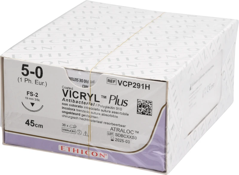 132344 - VICRYL™ Plus - Packung 36 Stück ungefärbt, 45 cm, FS2, 3/8 Kreis, schneidend, 19 mm, USP 5/0