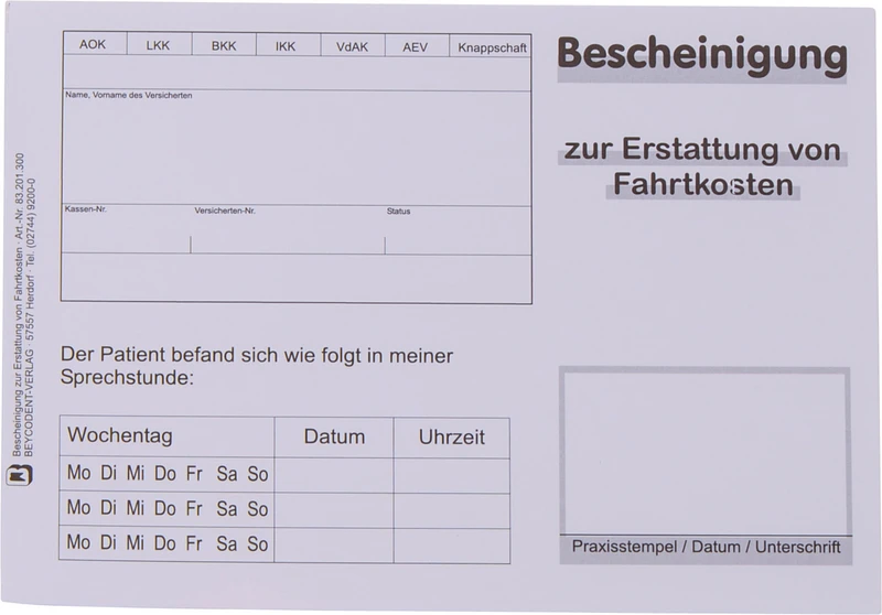 80126 - Bescheinigung zur Erstattung von Fahrtkosten - Stück 100 Blatt
