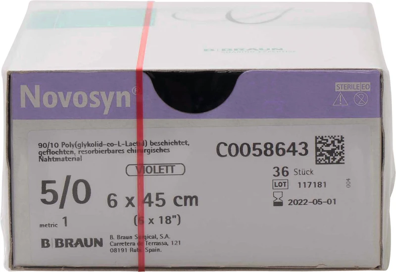 116812 - Novosyn® - Packung 36 Stück violett, 6 x 45 cm, USP 5/0 116812 - Novosyn® - Packung 36 Stück violett, 6 x 45 cm, USP 5/0