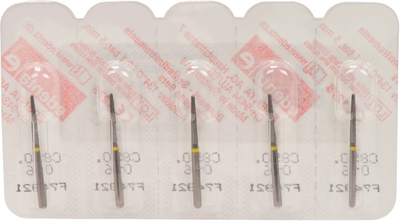Packung 5 Stück gelb superfein, FG, Figur 199 Konus rund, 10 mm, ISO 016 Packung 5 Stück gelb superfein, FG, Figur 199 Konus rund, 10 mm, ISO 016