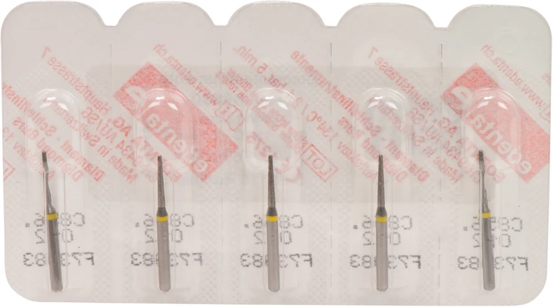 Packung 5 Stück gelb superfein, FG, Figur 198 Konus rund, 8 mm, ISO 012 Packung 5 Stück gelb superfein, FG, Figur 198 Konus rund, 8 mm, ISO 012